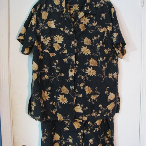* Chaus 2 Piece Set Outfit Size 6 Navy Blue Floral 100% Silk Top Pants Oversized - Picture 4 of 7